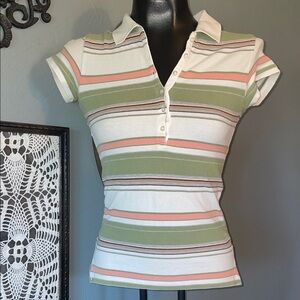 Aeropostale Green, Pink & White Striped Polo Tee